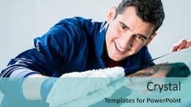  Presentation with car wash - PPT theme featuring softservices - cheerful young male worker polishing background and a seafoam green colored foreground