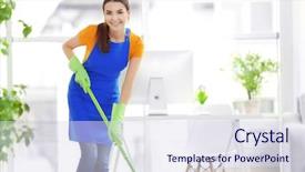  Presentation with pregnant woman cleaning - PPT theme with softservices - woman cleaning with mop indoors background and a sky blue colored foreground