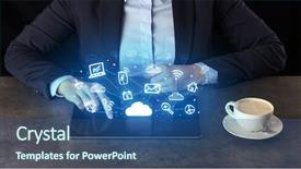  Presentation with cloud technology - Beautiful PPT theme featuring software applications - business woman working on tablet backdrop and a ocean colored foreground