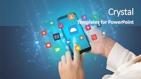  Presentation with colorful hand prints - PPT theme with software applications - female hand using smartphone background and a teal colored foreground