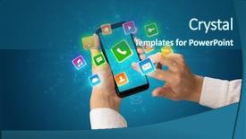  Presentation with people hold hand around globe - Audience pleasing PPT theme consisting of software applications - female hand using smartphone backdrop and a ocean colored foreground