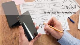  Presentation with mobile applications - Slide set consisting of software desihn - designer working at new mobile background and a  colored foreground