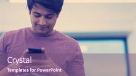  Presentation with creative writing - Amazing PPT theme having software developer using mobile phone backdrop and a violet colored foreground