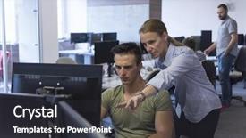  Presentation with working together - Presentation theme having software help desk - business couple working together background and a dark gray colored foreground