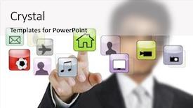  Presentation with software - Cool new presentation theme with software innovation - hand pushing on a touch backdrop and a  colored foreground