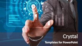  Presentation with high tech - Slides enhanced with software innovation - young businessman pressing high tech background and a  colored foreground