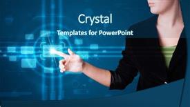  Presentation with modern tech - Slide deck with software innovation - young woman pressing high tech background and a  colored foreground