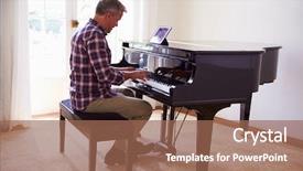  Presentation with software - Slide set having software lessons - man learning to play piano background and a coral colored foreground