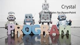  Presentation with robots - PPT theme having software lessons - word program with wooden letters background and a white colored foreground