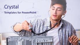  Presentation with software maintenance support - Cool new PPT theme with software maintenance support - young it specialist in front backdrop and a sky blue colored foreground