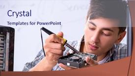  Presentation with software maintenance support - Slide set enhanced with software maintenance support - young it specialist in front background and a sky blue colored foreground