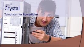  Presentation with whiteboard - PPT layouts having software maintenance support - young it specialist in front background and a sky blue colored foreground