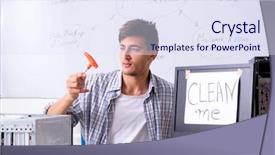  Presentation with software maintenance support - Cool new PPT layouts with software maintenance support - young it specialist in front backdrop and a sky blue colored foreground