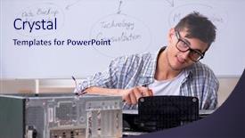  Presentation with software maintenance support - Audience pleasing slide set consisting of software maintenance support - young it specialist in front backdrop and a sky blue colored foreground