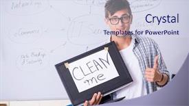  Presentation with software maintenance support - Theme consisting of software maintenance support - young it specialist in front background and a sky blue colored foreground