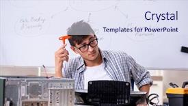  Presentation with software maintenance support - Beautiful PPT theme featuring software maintenance support - young it specialist in front backdrop and a sky blue colored foreground