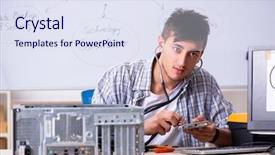  Presentation with software maintenance support - PPT layouts with software maintenance support - young it specialist in front background and a sky blue colored foreground