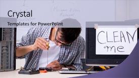  Presentation with software maintenance support - Cool new presentation theme with software maintenance support - young it specialist in front backdrop and a lemonade colored foreground