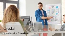  Presentation with design team - Beautiful presentation theme featuring software presentations - business technology and people concept backdrop and a coral colored foreground