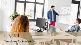  Presentation with design team - PPT theme featuring software presentations - business technology and people concept background and a coral colored foreground