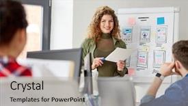  Presentation with design team - Cool new slides with software presentations - business technology and people concept backdrop and a light gray colored foreground