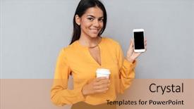  Presentation with cup coffee - PPT theme featuring software presentations - happy beautiful business woman holding background and a gold colored foreground