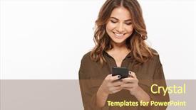  Presentation with software - Presentation theme consisting of software shop - portrait of a smiling young background and a tawny brown colored foreground