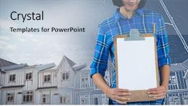  Presentation with white pigeon against the blue - Presentation enhanced with soil engineering - architect holding clipboard against grey background and a  colored foreground