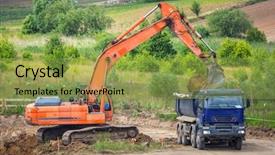  Presentation with soil engineering - Slide set consisting of soil engineering - excavator loading ground background and a yellow colored foreground