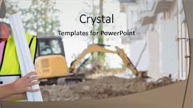  Presentation with construction site construction - Presentation theme with soil engineering - female architect holding blueprint background and a light gray colored foreground