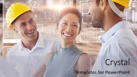  Presentation with discussing parents - Slide deck enhanced with soil engineering - happy architect discussing over blueprint background and a light gray colored foreground