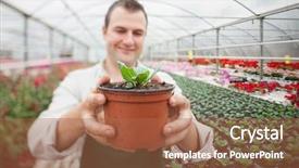  Presentation with nursery plant - PPT theme having soil fauna - cheerful man holding a potted background and a red colored foreground