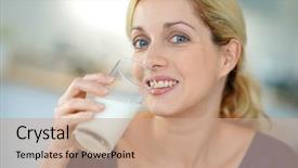  Presentation with drinking glass - Presentation enhanced with soja - portrait of blond mature woman background and a coral colored foreground