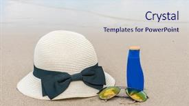  Presentation with white sand - Presentation design enhanced with solar bottle light - sunglasses sun cream and hat background and a  colored foreground
