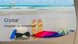  Presentation with footprints and sand sun - Presentation having solar bottle light - sunglasses sun cream and hat background and a  colored foreground