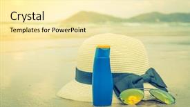  Presentation with white sand - Colorful slides enhanced with solar bottle light - sunglasses sun cream and hat backdrop and a blonde colored foreground