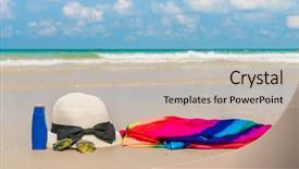  Presentation with footprints and sand sun - PPT layouts with solar bottle light - sunglasses sun cream and hat background and a soft green colored foreground