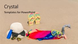  Presentation with footprints and sand sun - Cool new theme with solar bottle light - sunglasses sun cream and hat backdrop and a  colored foreground