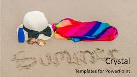  Presentation with footprints and sand sun - Colorful PPT layouts enhanced with solar bottle light - sunglasses sun cream and hat backdrop and a  colored foreground