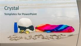  Presentation with white sand - PPT theme enhanced with solar bottle light - sunglasses sun cream and hat background and a lemonade colored foreground