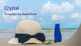  Presentation with footprints and sand sun - Presentation theme having solar bottle light - sunglasses sun cream and hat background and a light blue colored foreground