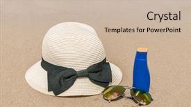  Presentation with white sand - Presentation having solar bottle light - sunglasses sun cream and hat background and a  colored foreground
