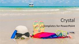  Presentation with footprints and sand sun - Theme consisting of solar bottle light - sunglasses sun cream and hat background and a soft green colored foreground