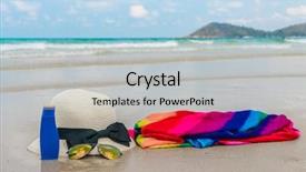  Presentation with white sand - Cool new PPT layouts with solar bottle light - sunglasses sun cream and hat backdrop and a  colored foreground