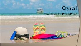  Presentation with footprints and sand sun - Audience pleasing slide set consisting of solar bottle light - sunglasses sun cream and hat backdrop and a light blue colored foreground