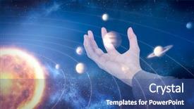  Presentation with planets - Presentation design with solar companies - businesswoman hand gesturing against white background and a ocean colored foreground