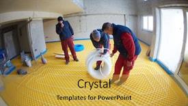  Presentation with modern - Beautiful slide set featuring solar companies - grouo of workera installing underfloor backdrop and a  colored foreground