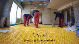  Presentation with modern - Colorful presentation enhanced with solar companies - grouo of workera installing underfloor backdrop and a yellow colored foreground