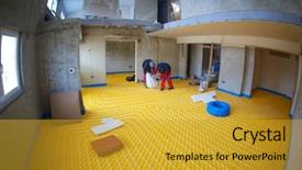  Presentation with small group working - Presentation consisting of solar companies - group of workera installing underfloor background and a  colored foreground