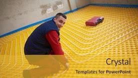  Presentation with small group working - PPT layouts having solar companies - group of workers installing underfloor background and a yellow colored foreground